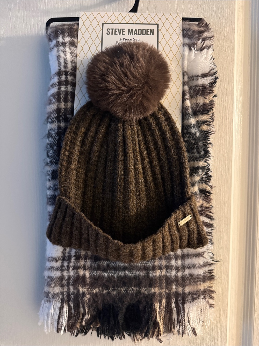Steve Madden Olive Ribbed Pom Beanie & Plaid Scarf Set